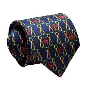 Lancel Vintage Silk Tie Navy Blue Gold Red Designer Equestrian Stirrup - 58.5"